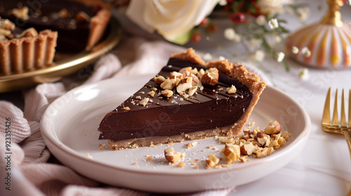 a slice of chocolate tart drizzled with hazelnut butter and garnished with crushed nuts, set on a white plate with a gold fork and a floral centerpiece in the background