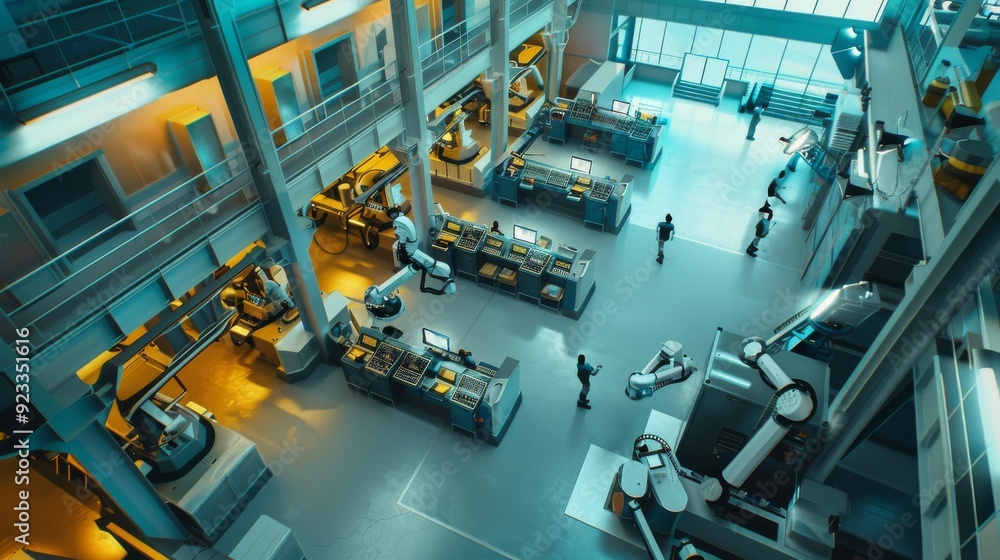 A modern industrial facility buzzes with activity as workers oversee advanced machinery and technology in a well-lit space. A modern industrial facility buzzes with activity as workers oversee advanced machinery and technology in a well-lit space.
