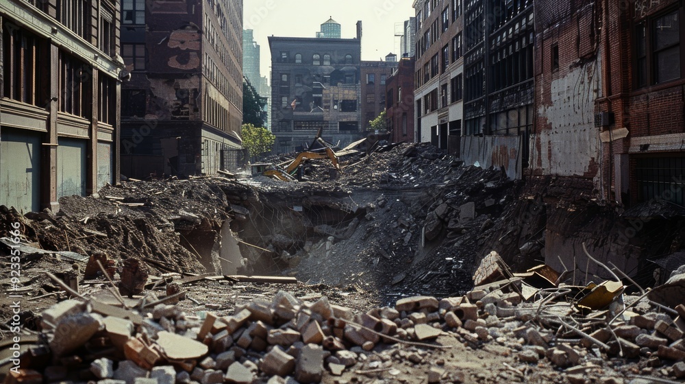 A post-demolition site filled with rubble and debris between urban buildings, illustrating a scene of urban decay and reconstruction. A post-demolition site filled with rubble and debris between urban buildings, illustrating a scene of urban decay and reconstruction.