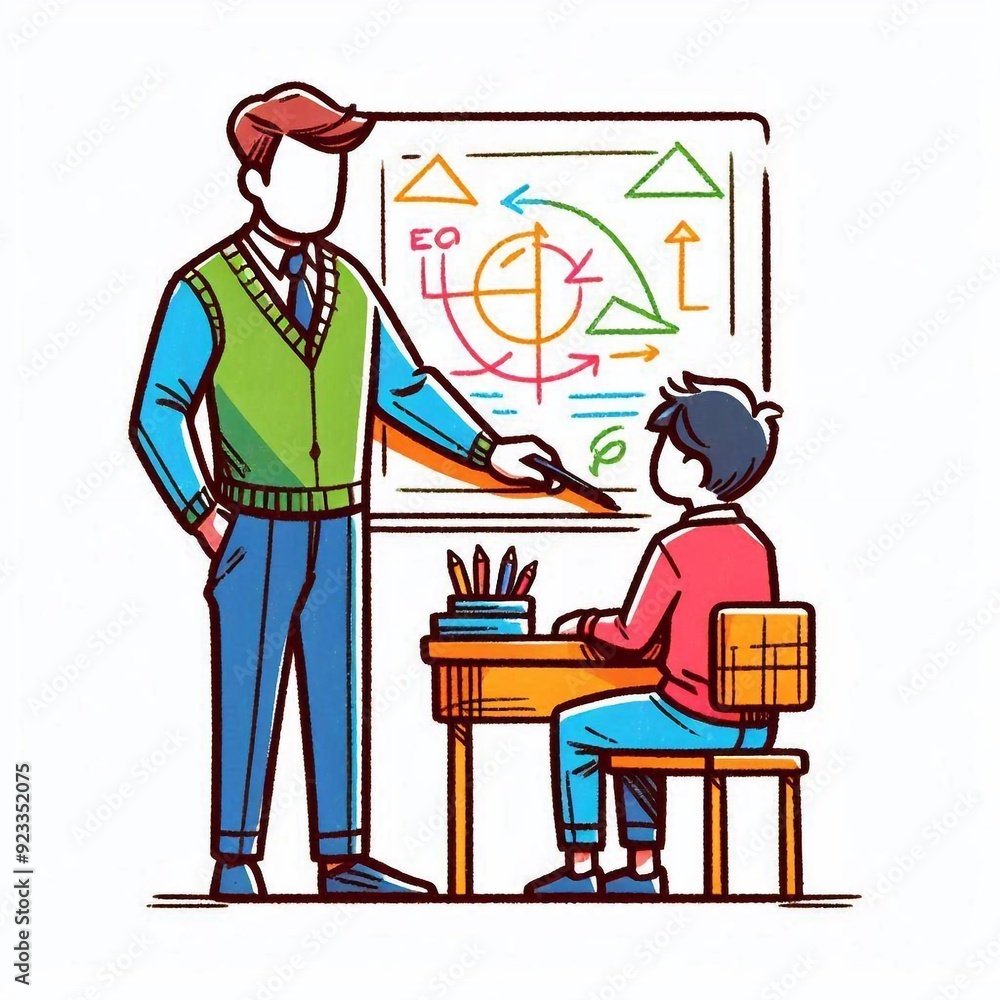 a colourful drawing of a teacher teaching student. isolated on white background. Teacher's Day and literacy day a colourful drawing of a teacher teaching student. isolated on white background. Teacher's Day and literacy day