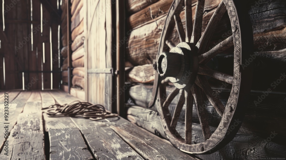 Obraz premium A rustic wooden wagon wheel leaning against a barn wall, with rays of sunlight peeking through, evoking a sense of nostalgia.