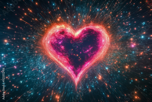 Glowing heart shape amidst sparkling cosmic dust.