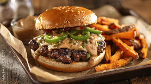 Wallpaper Mural a gourmet burger topped with spicy pepper jack cheese, jalapeños, and chipotle mayo, served with a side of sweet potato fries on a metal tray lined with parchment paper Torontodigital.ca