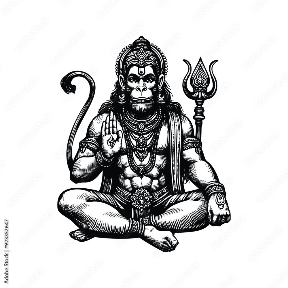 Obraz premium Lord Hanuman illustration, hand drawn black and white Hindu God vector illustration isolated white background