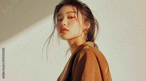 Fashionable female model posing confidently in a minimalist studio with soft lighting, natural beauty and a simple solid color background, perfect for high-end fashion photography and editorial work.