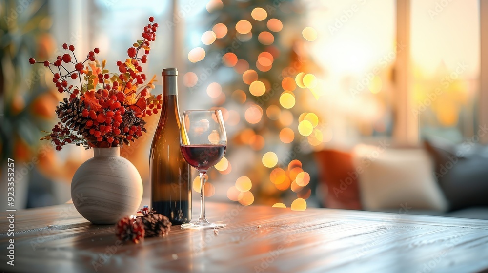 Wine Glass and Bottle with Autumnal Decorations on Table. Wine Glass and Bottle with Autumnal Decorations on Table.