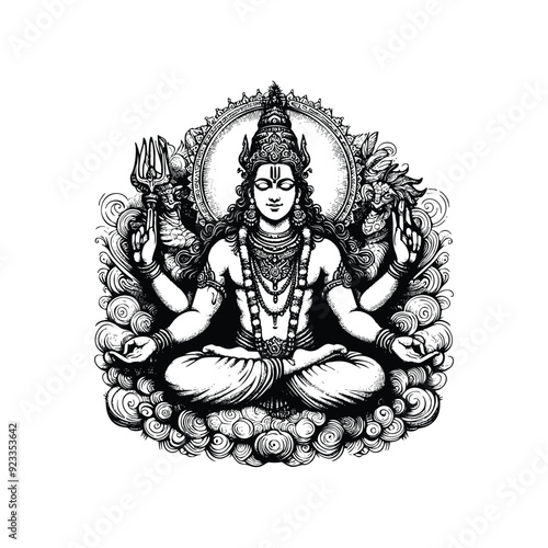 Art & IllustrationLord Vishnu illustration, hand drawn black and white Hindu God vector illustration isolated white background