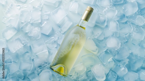 A chilled wine bottle lies on a bed of ice cubes, glistening and inviting under soft lighting.