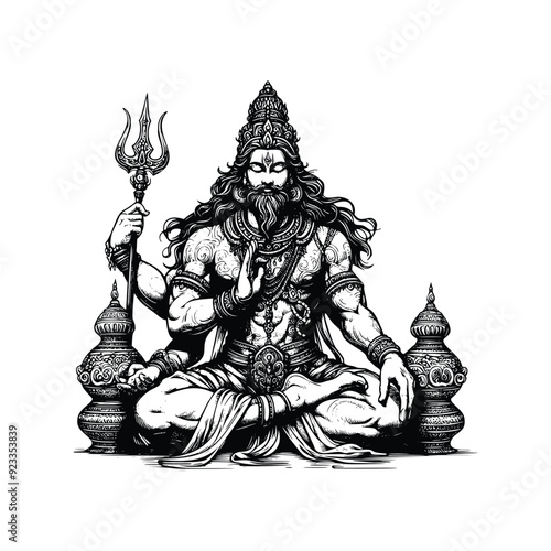 Lord Vishnu illustration, hand drawn black and white Hindu God vector illustration isolated white background