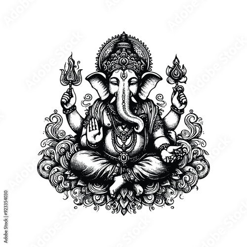 Lord Ganesha illustration, hand drawn black and white Hindu God vector illustration isolated white background