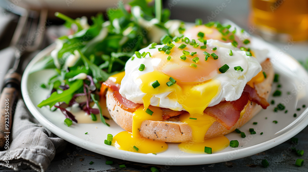 a classic eggs benedict, with perfectly poached eggs, Canadian bacon, and hollandaise sauce on an English muffin, garnished with fresh chives, set on a white plate with a side of mixed greens a classic eggs benedict, with perfectly poached eggs, Canadian bacon, and hollandaise sauce on an English muffin, garnished with fresh chives, set on a white plate with a side of mixed greens