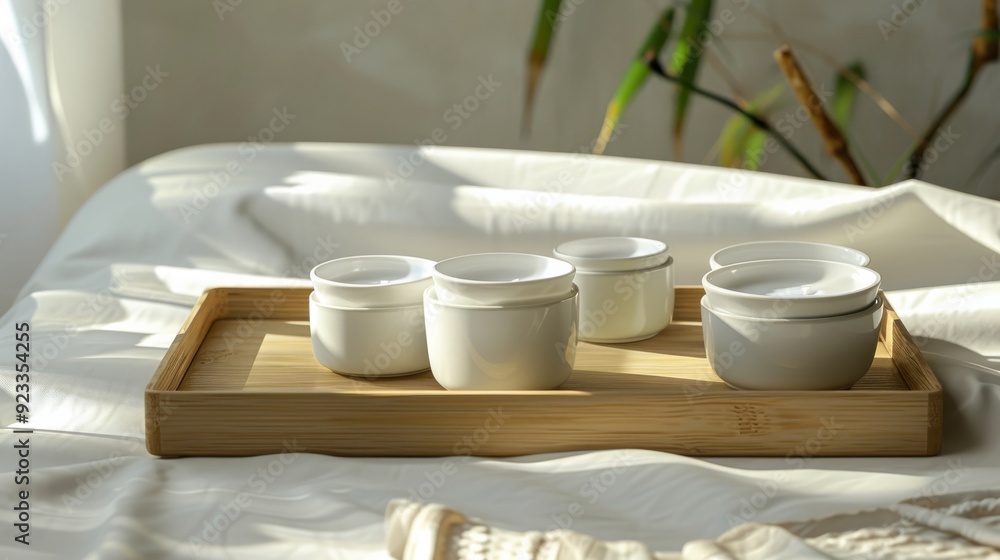 Sunlight bathes a wooden tray filled with white ceramic dishes on a cozy bed, creating a serene and minimalist morning atmosphere. Sunlight bathes a wooden tray filled with white ceramic dishes on a cozy bed, creating a serene and minimalist morning atmosphere.
