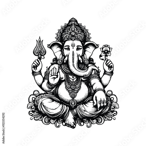 Lord Ganesha illustration, hand drawn black and white Hindu God vector illustration isolated white background