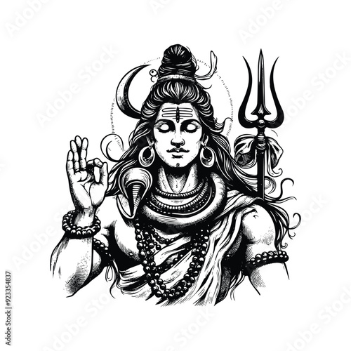 Lord Shiva illustration, hand drawn black and white Hindu God vector illustration isolated white background
