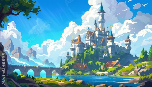 Sunny skies and castle dreams a peaceful retreat. Majestic castle by the river. Magical castle landscape. Cartoon game illustration background.