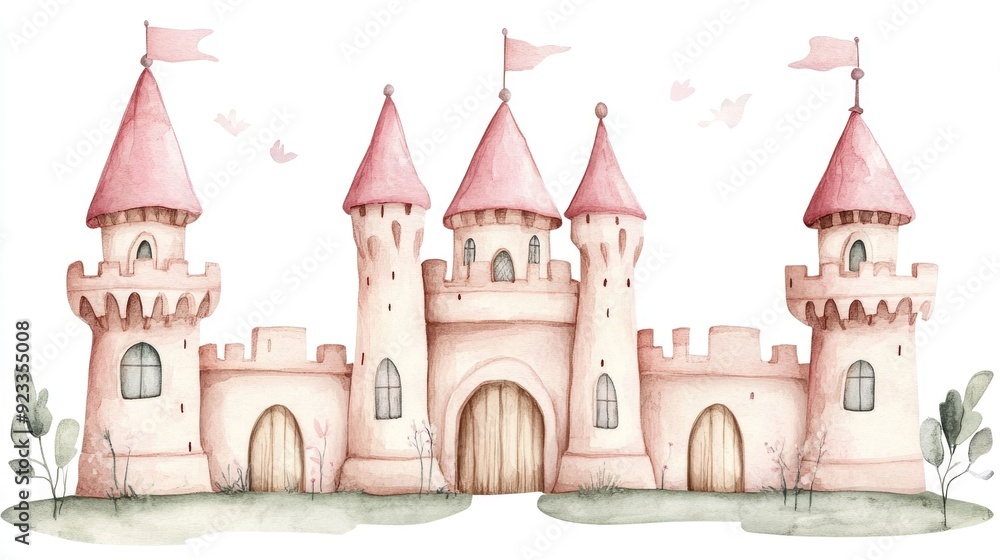 Fototapeta premium Enchanting Fantasy Castle with Pink Turrets Watercolor Fairy Tale Inspired Clipart of a Magical Medieval Palace or Residence on a White Background