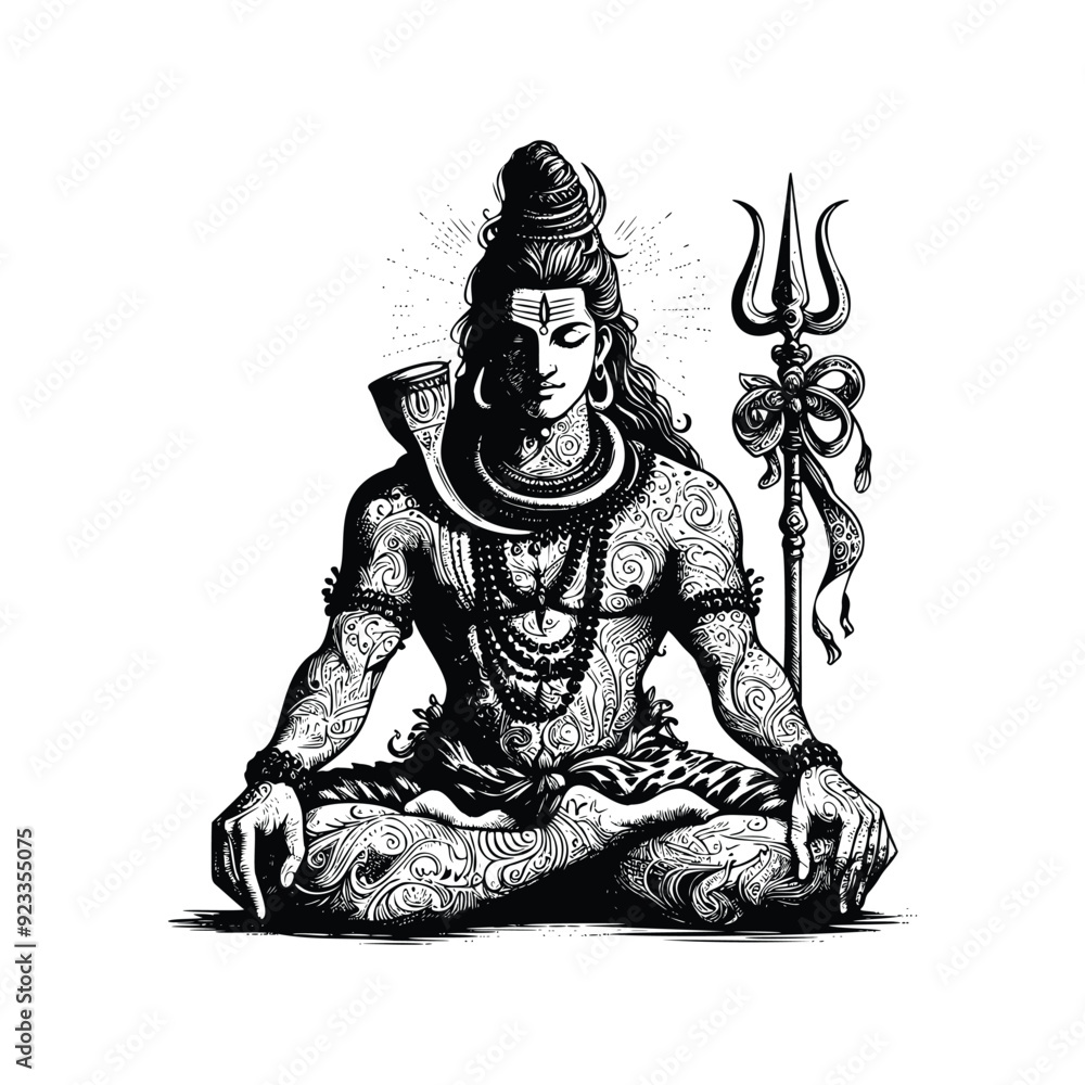 Obraz premium Art & IllustrationLord Shiva illustration, hand drawn black and white Hindu God vector illustration isolated white background