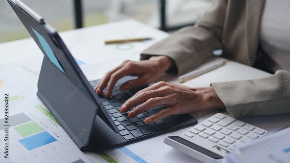 Business professional typing on a tablet keyboard with financial charts on desk. Hands actively working with graphs, data, and documents in modern office environment Business professional typing on a tablet keyboard with financial charts on desk. Hands actively working with graphs, data, and documents in modern office environment