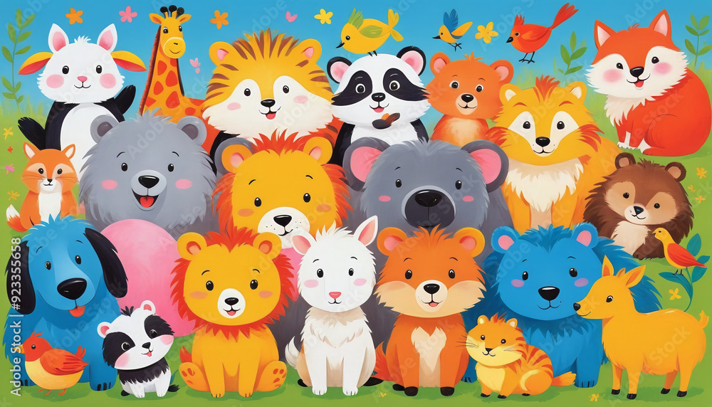 Fototapeta premium Illustrative childlike depiction of various cute and friendly animals from nature in bright colors