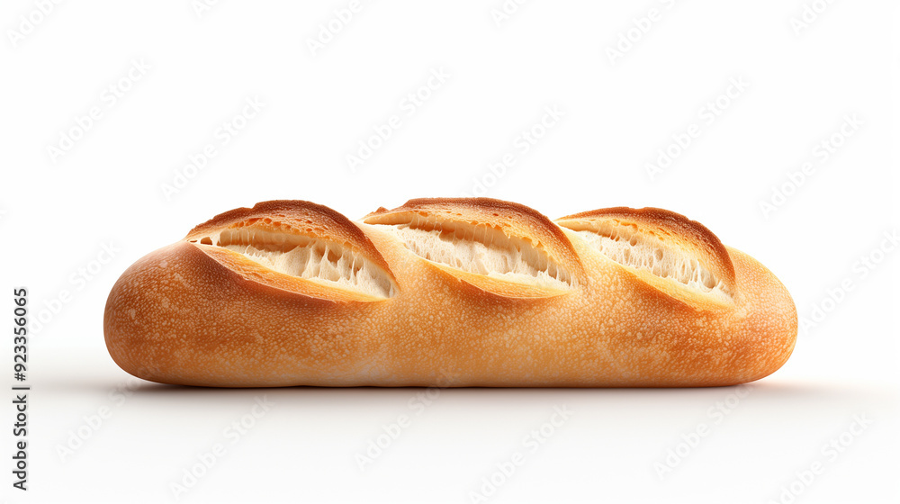A single French baguette, golden and crusty, with deep slashes on top, showcasing a traditional baking style. A single French baguette, golden and crusty, with deep slashes on top, showcasing a traditional baking style.
