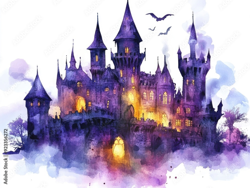 Haunting Watercolor of Ghostly Fantasy Castle Surrounded by Mysterious Mist and Eerie Atmosphere Isolated on White Background Haunting Watercolor of Ghostly Fantasy Castle Surrounded by Mysterious Mist and Eerie Atmosphere Isolated on White Background