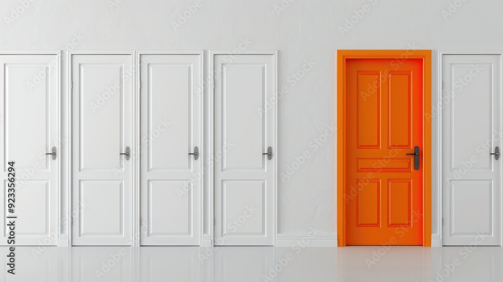 Door Orange. A Line of White Doors Featuring a Single Open Orange Door as a Choice of Entrance Door Orange. A Line of White Doors Featuring a Single Open Orange Door as a Choice of Entrance
