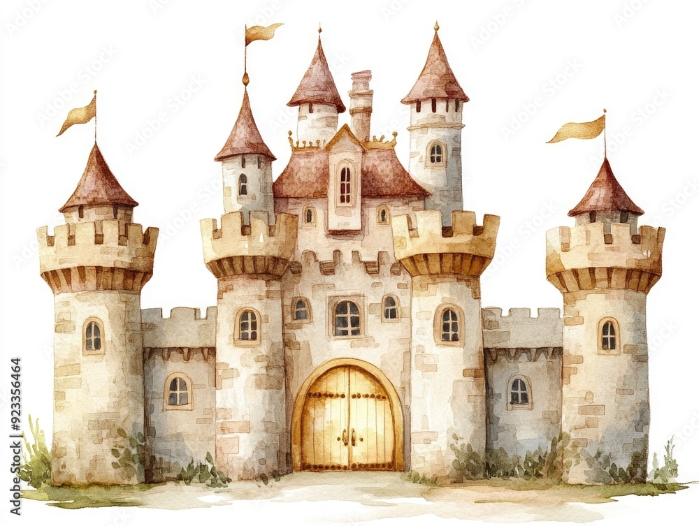 Enchanting of a fantasy castle with grand golden gates towering spires and intricate architectural details set against a serene white background in a captivating watercolor style Enchanting of a fantasy castle with grand golden gates towering spires and intricate architectural details set against a serene white background in a captivating watercolor style