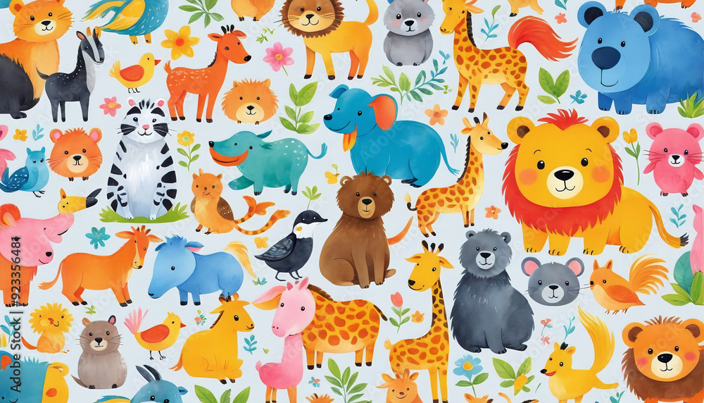 Naklejka premium Illustrative childlike depiction of various cute and friendly animals from nature in bright colors