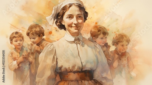 Illustration of St. Elizabeth Ann Seton with Children, Symbolizing Catholic Education, Biblical Illustration, Beige Background, Copyspace,Christian banner