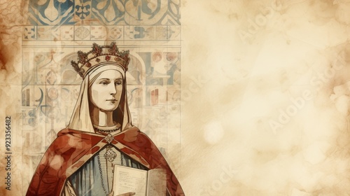 Illustration of Royal St. Margaret of Scotland in 11th-Century Scottish Court, Biblical Illustration, Beige Background, Copyspace,Christian banner