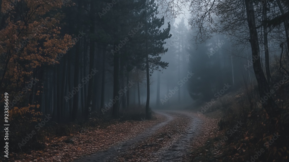 Mysterious foggy forest with trees and a path Mysterious foggy forest with trees and a path