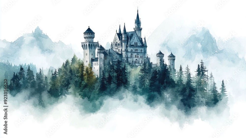 Enchanting watercolor of a fantasy castle set against a magical enchanted forest backdrop creating a whimsical and mystical scene Enchanting watercolor of a fantasy castle set against a magical enchanted forest backdrop creating a whimsical and mystical scene