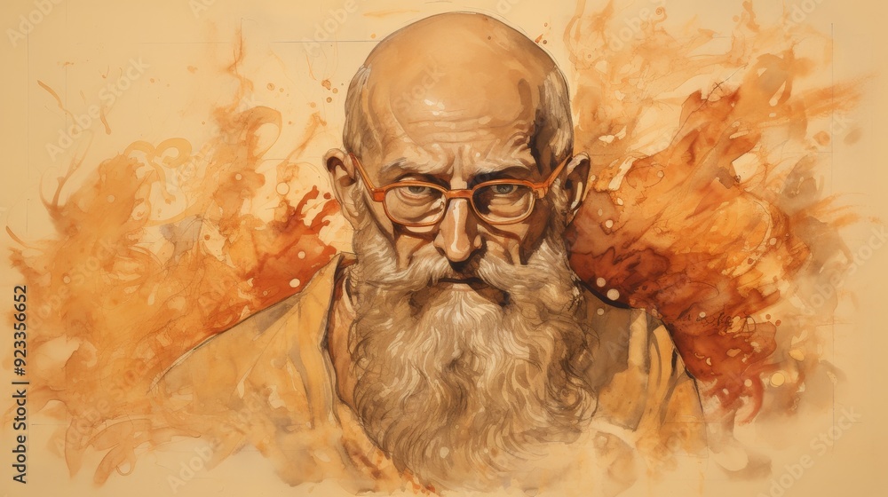 Obraz premium Illustration of Martyrdom of St. Polycarp with Flames and Serene Faith, Biblical Illustration, Beige Background, Copyspace,Christian banner