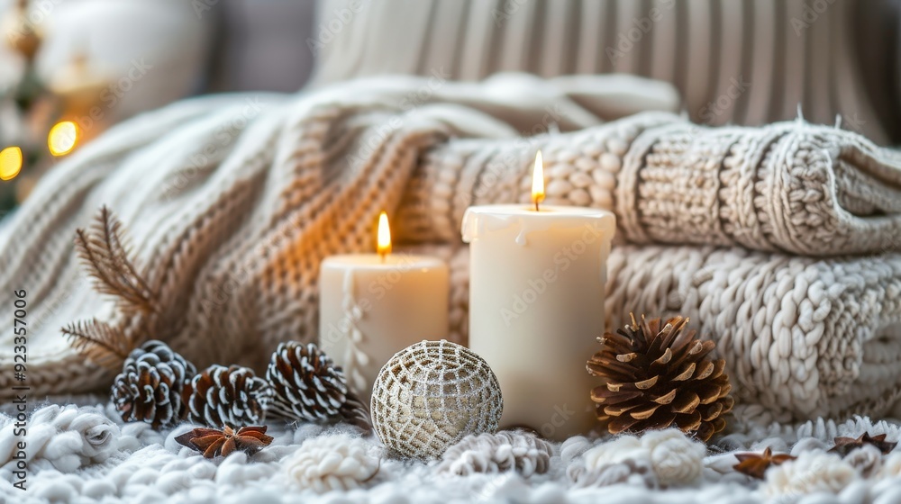 Cozy Winter Decor with Candles, Pine Cones, and Knitted Blanket. Cozy Winter Decor with Candles, Pine Cones, and Knitted Blanket.