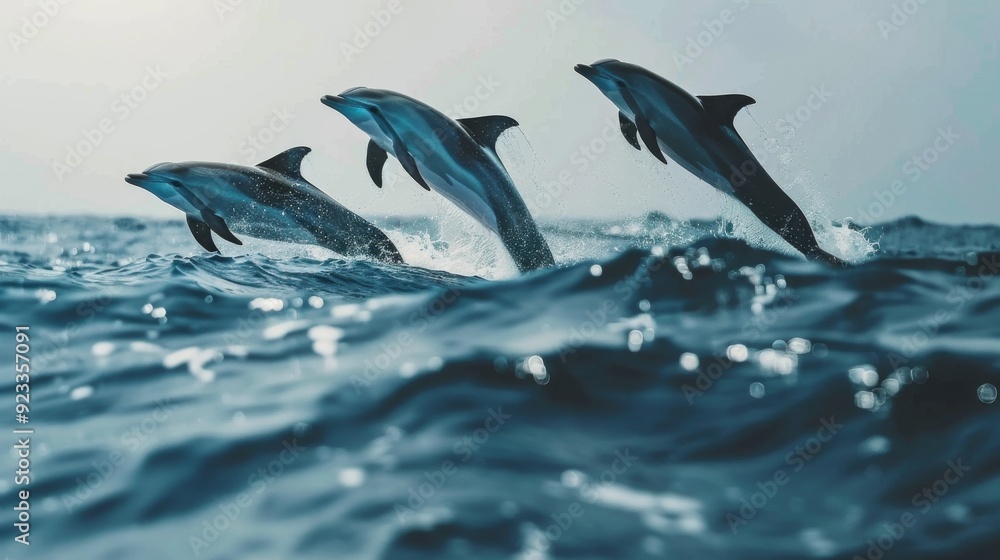 Fototapeta premium Four dolphins elegantly leap from the ocean, casting joyful patterns against the serene backdrop of the shimmering sea.