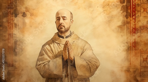 Illustration of Prayer of St. Ignatius of Loyola in 16th-Century Spanish Church, Biblical Illustration, Beige Background, Copyspace,Christian banner photo