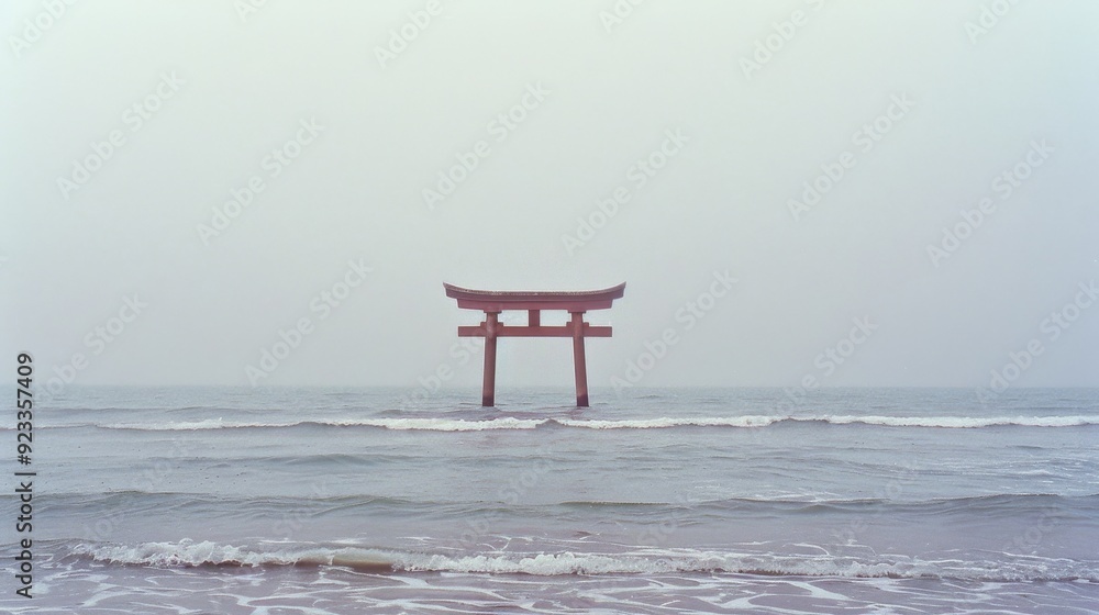 A serene coastal scene featuring a solitary Torii gate standing in shallow water, with gentle waves and a soft pastel sky, embodying tranquility and calm. A serene coastal scene featuring a solitary Torii gate standing in shallow water, with gentle waves and a soft pastel sky, embodying tranquility and calm.