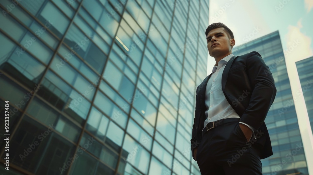 A confident individual in a business suit stands against a backdrop of modern glass buildings, exuding professionalism in an urban setting. A confident individual in a business suit stands against a backdrop of modern glass buildings, exuding professionalism in an urban setting.
