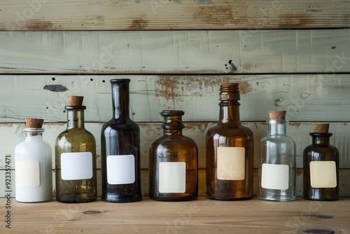 Pharmacy Bottle: Vintage Apothecary Bottles with Blank Labels on Wooden Board