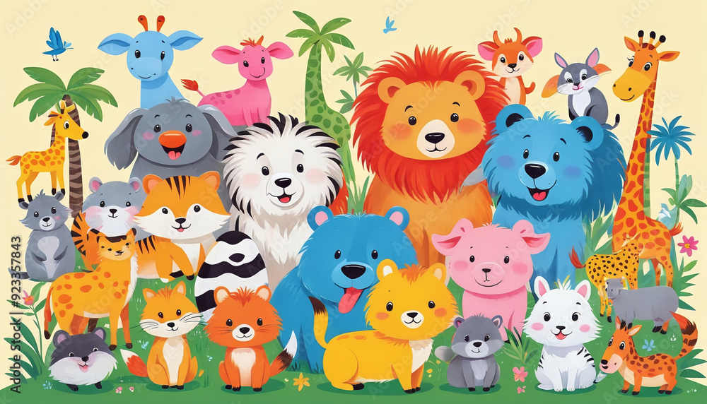 Illustrative childlike depiction of various cute and friendly animals from nature in bright colors Illustrative childlike depiction of various cute and friendly animals from nature in bright colors