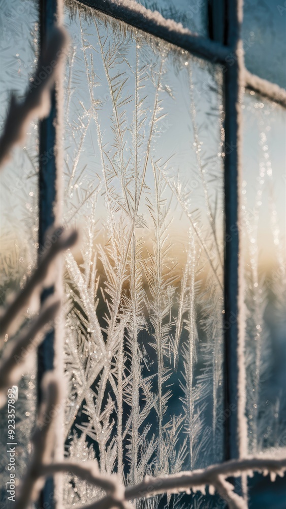 A frosty window with a view of the outside, AI A frosty window with a view of the outside, AI