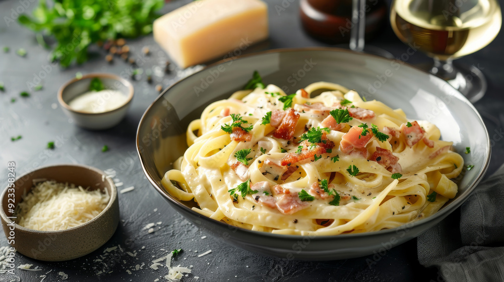 Experience a gourmet twist on creamy carbonara, with fettuccine pasta delicately coated in a velvety carbonara sauce made from egg yolks and finely grated pecorino Romano cheese Experience a gourmet twist on creamy carbonara, with fettuccine pasta delicately coated in a velvety carbonara sauce made from egg yolks and finely grated pecorino Romano cheese