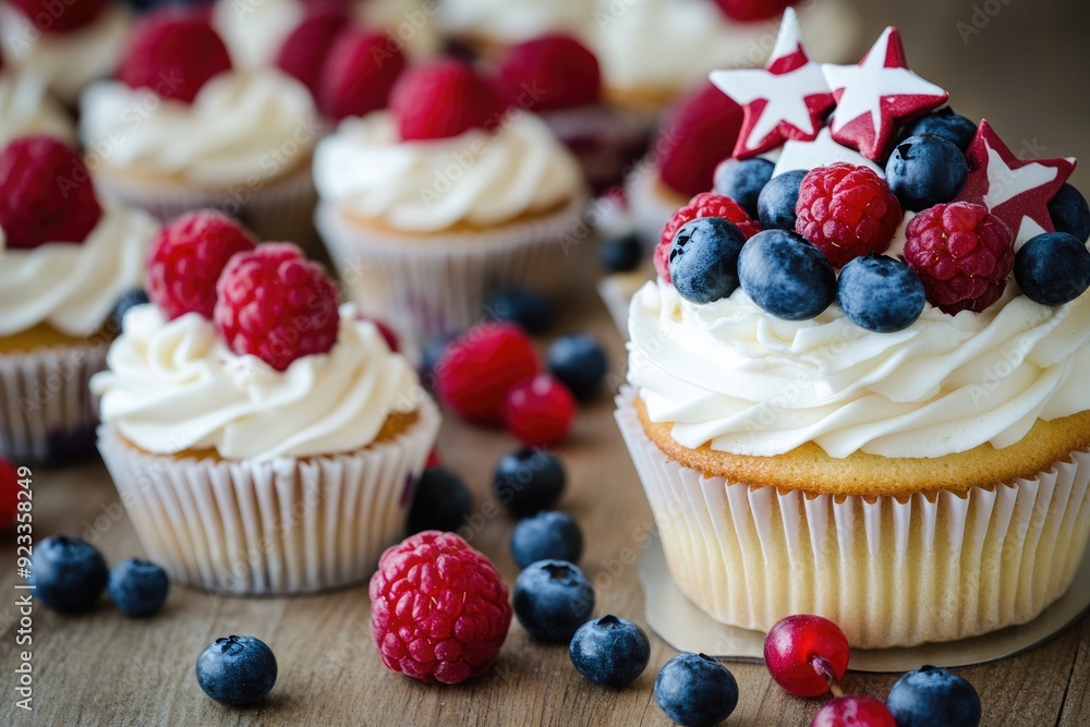 4th of July Fruit: Patriotic Cake and Cupcake Display on Wooden Table 4th of July Fruit: Patriotic Cake and Cupcake Display on Wooden Table
