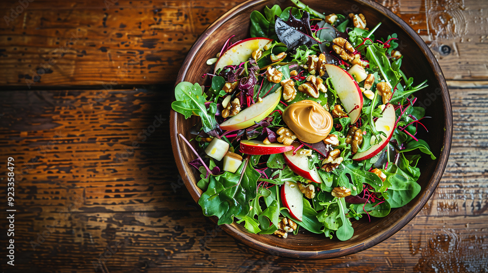 a vibrant salad featuring mixed greens, sliced apples, walnuts, and a dollop of almond butter dressing, served in a rustic bowl on a wooden table a vibrant salad featuring mixed greens, sliced apples, walnuts, and a dollop of almond butter dressing, served in a rustic bowl on a wooden table