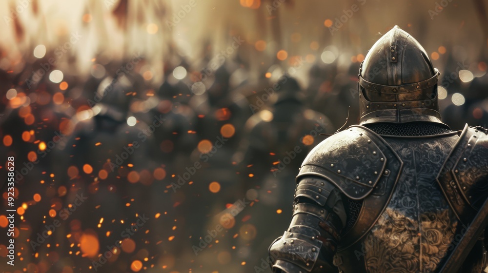 A knight in full armor surveys a large assembly of soldiers with flying banners, preparing for a historical battle.