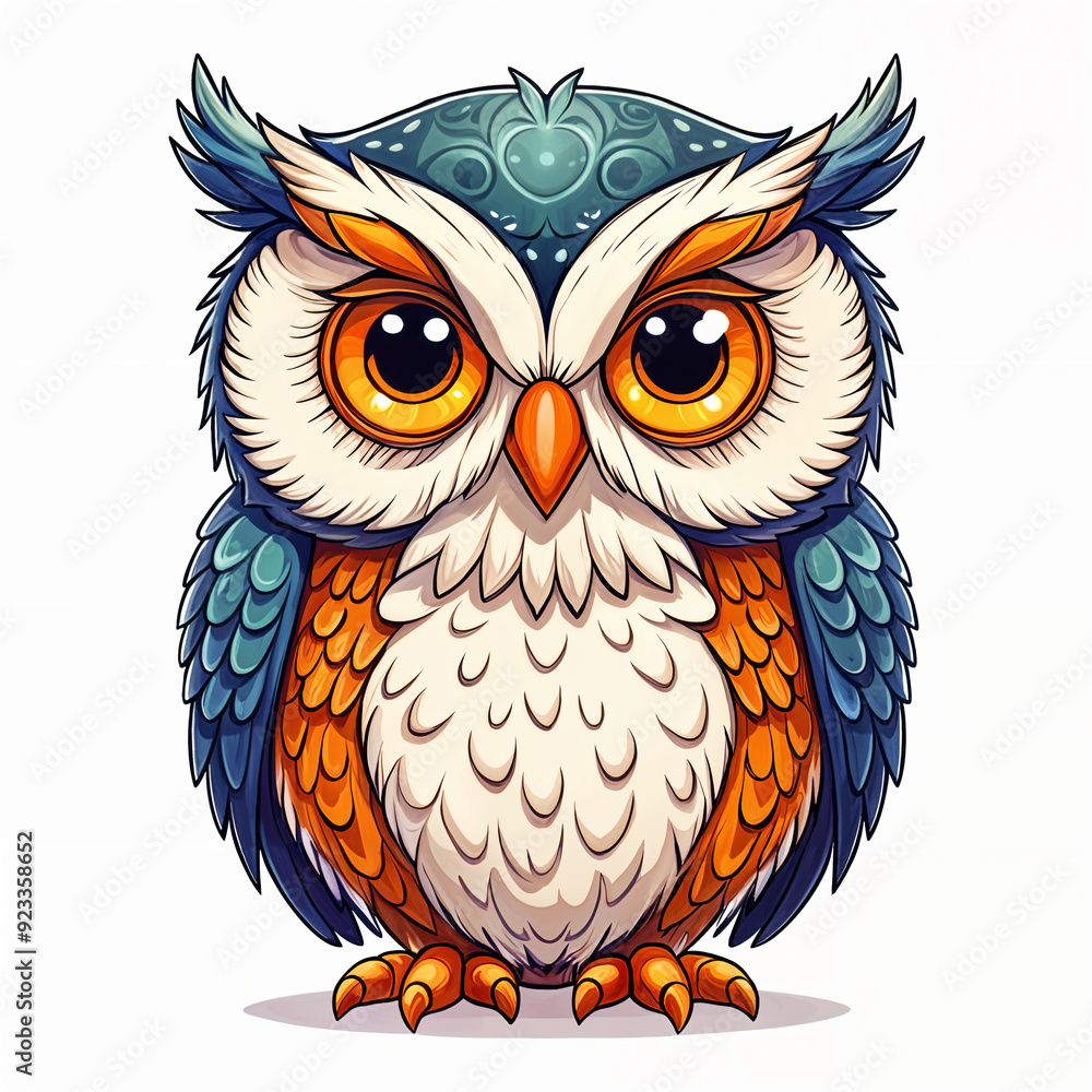 Stylized, cartoon-like owl with large, round eyes and a fluffy appearance. It has a blue head with a white face and is adorned with orange feathers on its body. Stylized, cartoon-like owl with large, round eyes and a fluffy appearance. It has a blue head with a white face and is adorned with orange feathers on its body.