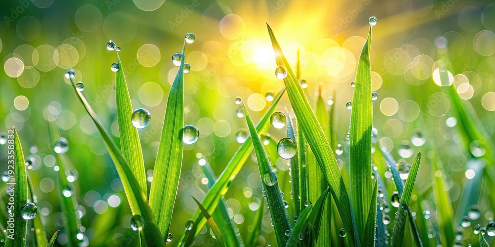 Fototapeta premium Fresh green grass blades with dew drops early in the morning , nature, water droplets, blades, wet, morning, fresh, natural