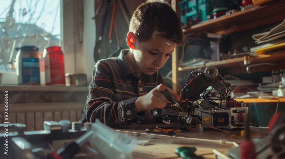 A young boy carefully assembles a robotic project in a sunlit workshop, surrounded by an array of tools and parts, showcasing his concentration and curiosity. A young boy carefully assembles a robotic project in a sunlit workshop, surrounded by an array of tools and parts, showcasing his concentration and curiosity.