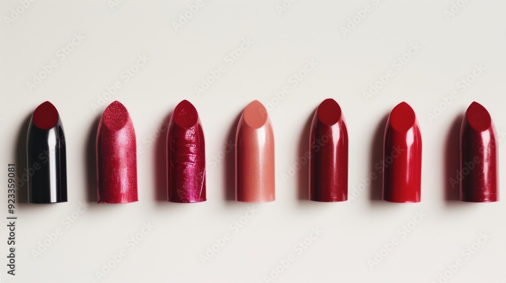 Seven lipsticks in various shades of red and pink are neatly arranged in a row on a white surface. Seven lipsticks in various shades of red and pink are neatly arranged in a row on a white surface.
