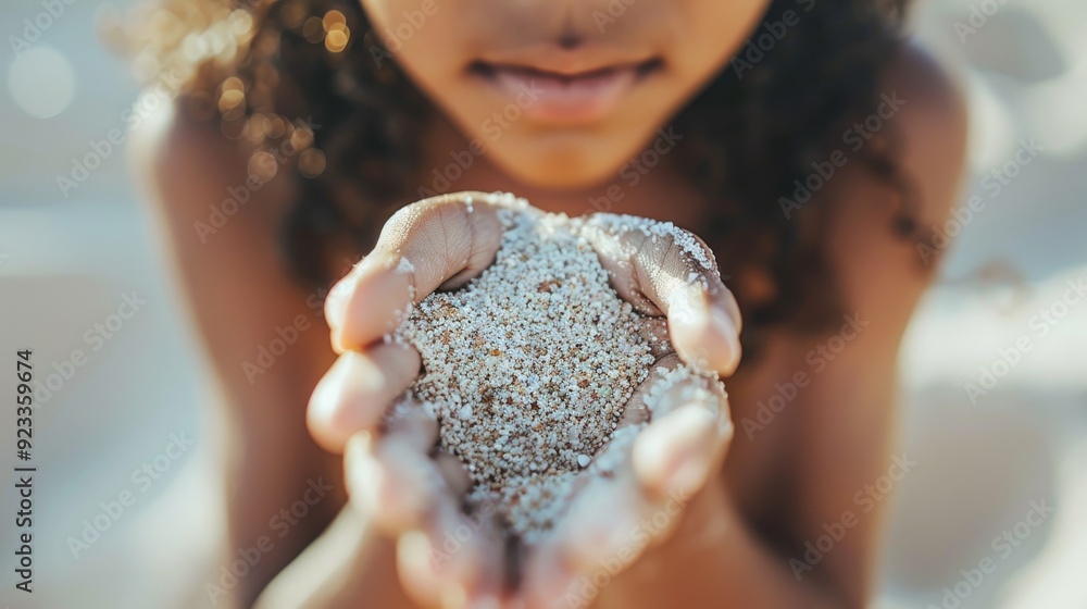 Naklejka premium Close-up of a child gently holding a handful of sand, capturing the simplicity and innocence of childhood moments at the beach.